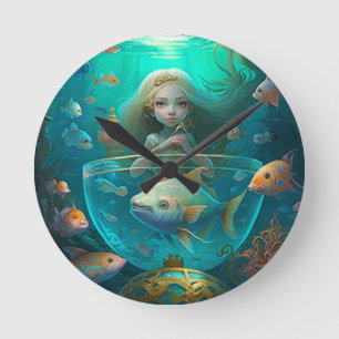 Ronde Sirène nageant avec le poisson mignon horloge mura