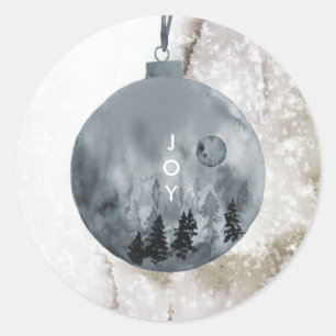 Ronde sticker JOY Kerstmis Sneeuw Boom Blauwe Bal