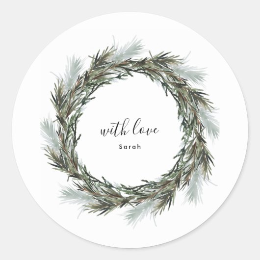 Ronde Sticker Pine Snow Wreate kerstfeestdag (Voorkant)