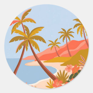 Ronde stickers met palmboom aan eilandkust