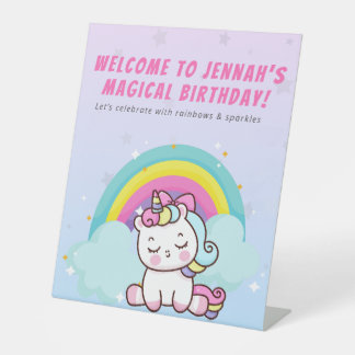 Ronde Unicorn Feest Sticker Reclamebord Met Voetstuk