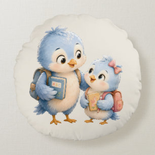 Ronde Worpkussen Blauw Vogeltje Broer en Zus Rond Kussen