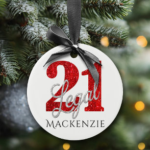 Rood 21 en wettelijk Moderne 21e verjaardag Keramisch Ornament