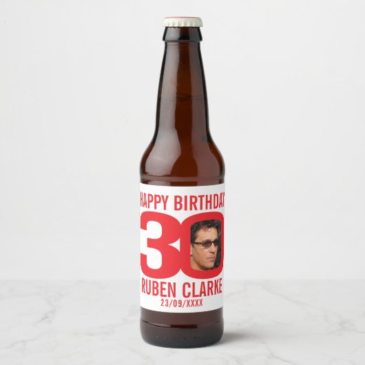 Rood 30th Verjaardag aangepaste foto naam label Bier Etiket (Voorkant)