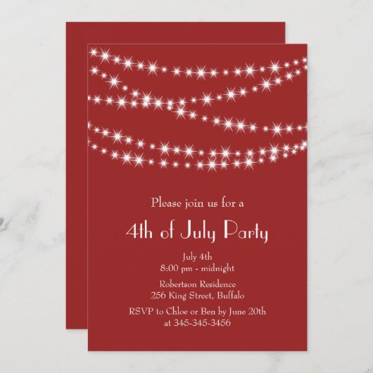 Rood 4 juli Uitnodiging van Twinkle Lights (Voorkant / Achterkant)