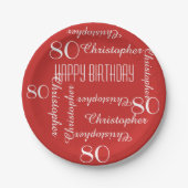 Rood 80e verjaardagsfeestje Herhalende Naam Papieren Bordje (Voorkant)