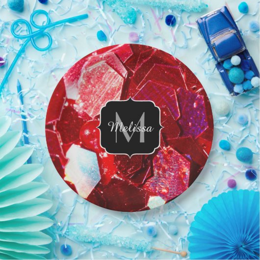 Rood abstract mozaïekglanzend glitterpatroon Monog Papieren Bordje (Feest)