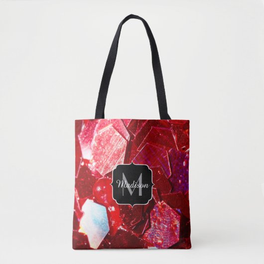 Rood abstract mozaïekglanzend glitterpatroon Monog Tote Bag (Voorkant)