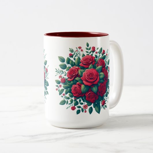 Rood accent met rode rozen patroon tweekleurige koffiemok (Voorkant rechts)