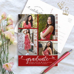 Rood Afstuderen 4 Foto modern Girly Script Hearts Uitnodiging Briefkaart