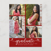 Rood Afstuderen 4 Foto modern Girly Script Hearts Uitnodiging Briefkaart (Voorkant)