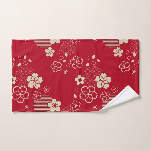 Rood Aziatisch patroon met lentesbloemen Bad Handdoek (Handdoek)