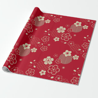 Rood Aziatisch patroon met lentesbloemen Cadeaupapier