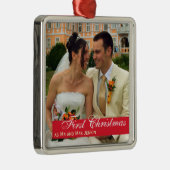 Rood bandpaar eerste kerstvierkant foto metalen ornament (Rechts)