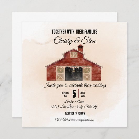 Rood-Barn-bruiloft Kaart (Voorkant / Achterkant)