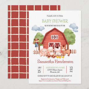 Rood-Barn-landbouwhuisdieren Baby shower Genderneu Kaart