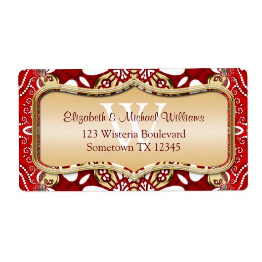 Rood batik Monogram Weddenschap Adresetiketten Etiket (Voorkant)