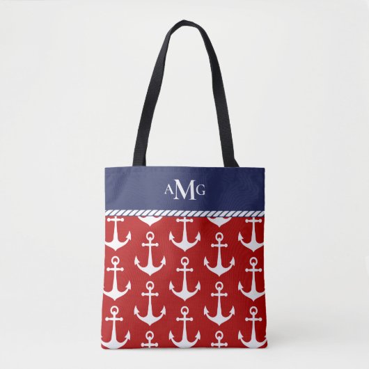 Rood blauw anker patroon monogram Nautisch Draagtas (Voorkant)
