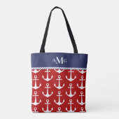 Rood blauw anker patroon monogram Nautisch Draagtas (Achterkant)