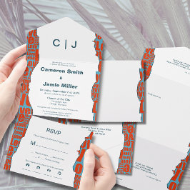 Rood Blauw Bruiloft Onregelmatige Typografie Rand All In One Uitnodiging