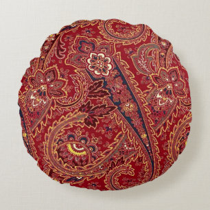Rood, blauw, geel en wit  Paisley Floral Rond Kussen