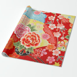 Rood Blauw Geel Japans Kimono Bloemen Decoupage Cadeaupapier
