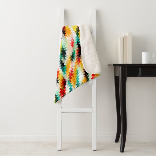 Rood Blauw Geel Wit Abstract Patroon Sherpa Deken (In situ)