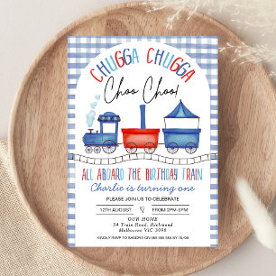 Rood Blauw Gingham Chugga Chugga trein 1e verjaard Kaart