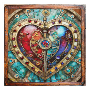 Rood & Blauw Glas-in-Lood Hart Steampunk Serie Foto Afdruk