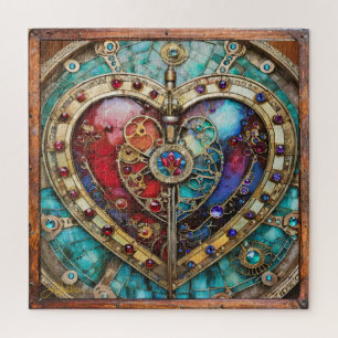 Rood & Blauw Glas-in-Lood Hart Steampunk Serie Legpuzzel
