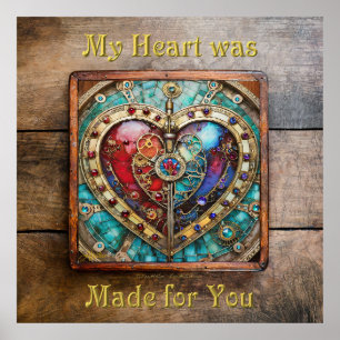 Rood & Blauw Glas-in-lood Hart Steampunk Serie Poster