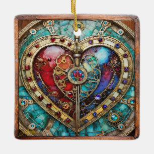 Rood & Blauw Glas in lood Hart Steampunk Series Keramisch Ornament