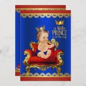 Rood Blauw Gouden Stoel Brunette Prince Baby showe Kaart (Voorkant / Achterkant)