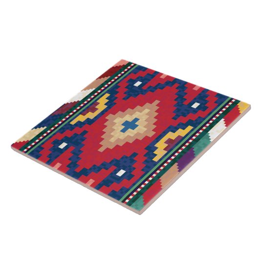 Rood Blauw Groen Geel Wit Oosters Kilim Tapijt Tegeltje (Zijkant)