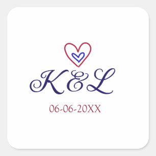 rood blauw hart koppel naam letter datum modern ve vierkante sticker