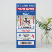 Rood &blauw Hockey keeper Ticket Feest Uitnodiging (Staand voorkant)