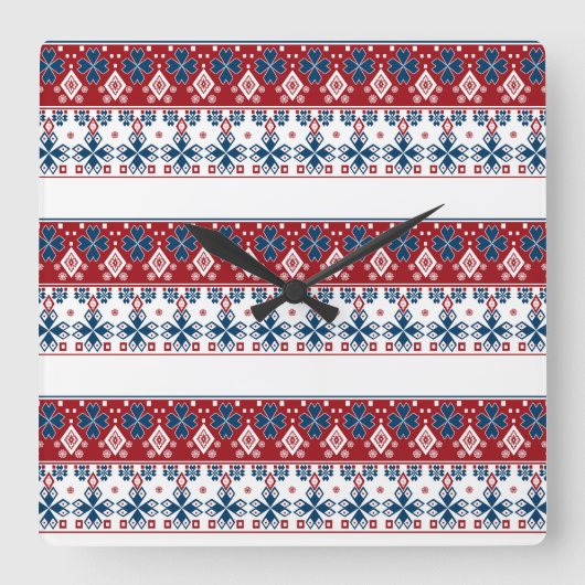 Rood blauw ornament vierkante klok (Voorkant)