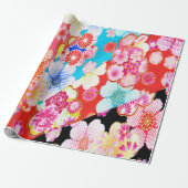 Rood Blauw Roze Japans Kimono Bloemen Decoupage Cadeaupapier (Uitgerold)