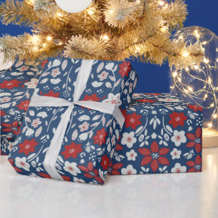 Rood & Blauw Scandinavische Winter Blooms Cadeaupapier