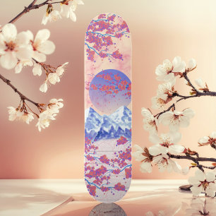 Rood Blauw & Sinaasappel Aziatische Cherry Blossom Skateboard