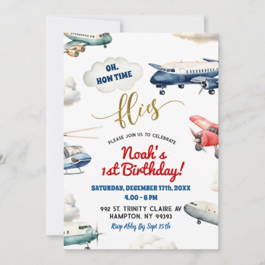 Rood Blauw Vliegtuig Eerste Verjaardag Jongen Kaart (Voorkant)