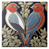 Rood Blauw Vogelpaar - Art Nouveau Art Deco Vogels Tegeltje (Voorkant)