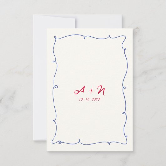 Rood & Blauw Wavy Hand getrokken Border Monogram H Bedankkaart (Achterkant)
