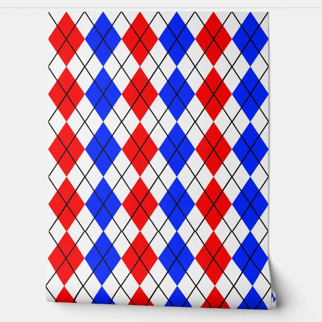 Rood Blauw Wit Argyle Diamant Patroon Ontwerp Behang (Afrollen)