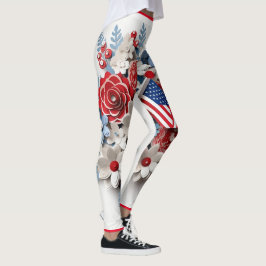 Rood Blauw Wit Patriottische 3D Bloemen Leggings
