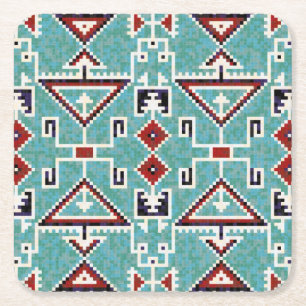 Rood & Blauwgroen Indianen Navajo Pattern Vierkante Kartonnen Onderzetter