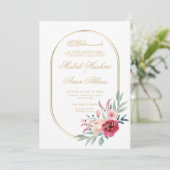 Rood Bloemen Groen Bladeren Moslim Bruiloft Kaart (Staand voorkant)