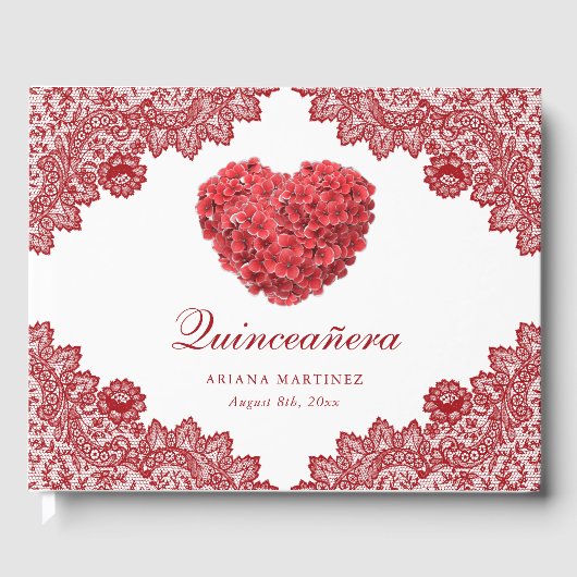 Rood Bloemen Kant Rustiek 15e verjaardag Quinceañe Gastenboek (Voorkant)