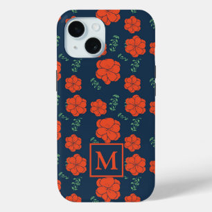 Rood Bloemen Patroon Donkerblauw Monogram
