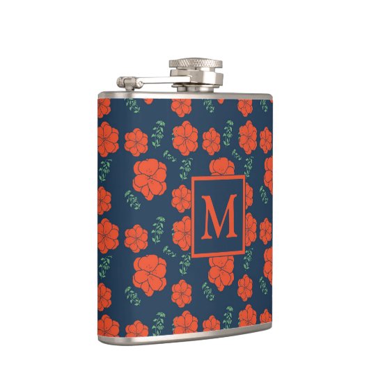 Rood Bloemen Patroon Donkerblauw Monogram Heupfles (Rechts)